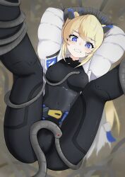 Rule 34 | 1girl, absurdres, bandaid, bandaid on face, blonde hair, blue eyes, body writing, covered erect nipples, goddess of victory: nikke, highres, laplace (nikke), restrained, tagme, tentacles, twintails