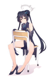 Rule 34 | 1girl, bare legs, black dress, black eyes, black footwear, black gloves, black hair, black jacket, blue archive, butterfly hair ornament, chair, closed mouth, double bun, dragon print, dress, full body, gloves, grey halo, hair bun, hair ornament, halo, jacket, kisaki (blue archive), legs, long hair, looking at viewer, on chair, print dress, shoes, simple background, sitting, solo, thighs, tilt-shift (azalanz), twintails, white background
