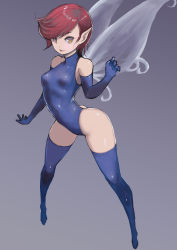 Rule 34 | 1girl, atlus, bare shoulders, blue gloves, blue leotard, blue thighhighs, closed mouth, covered erect nipples, covered navel, elbow gloves, fairy, fairy wings, gloves, gradient background, hand up, highleg, highleg leotard, highres, johan (johan13), legs apart, leotard, looking at viewer, pixie (megami tensei), pointy ears, red hair, sega, shin megami tensei, short hair, smile, solo, thighhighs, thighs, wings, yellow eyes