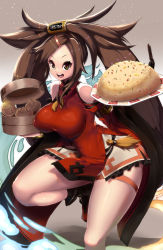 Rule 34 | 1girl, baozi, bare shoulders, breasts, brown eyes, brown hair, china dress, chinese clothes, commentary, covered erect nipples, detached sleeves, dress, food, forehead, fried rice, guilty gear, guilty gear xrd, hair ornament, hair tubes, hairclip, highres, holding, holding food, kuradoberi jam, large breasts, long hair, looking at viewer, magister, open mouth, plate, red dress, short dress, smile, solo, standing, standing on one leg, thick thighs, thighs, very long hair, wide sleeves