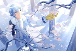 Rule 34 | 1boy, blue eyes, blue hair, branch, coat, commentary, dappled sunlight, diamond dust (module), flower, foreshortening, from above, full body, fur-trimmed coat, fur trim, kaito (vocaloid), light blue hair, male focus, necktie, nokuhashi, outstretched arm, parted lips, project diva (series), shadow, shirt, smile, snow, snowflake print, solo, sunlight, tree, vocaloid, white coat, white necktie, white shirt, winter, winter clothes