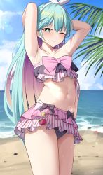Rule 34 | 1girl, absurdres, aqua hair, armpits, arms behind head, arms up, artist request, azusa (blue archive), azusa (blue archive) (cosplay), azusa (swimsuit) (blue archive), bare arms, bare shoulders, beach, bikini, bikini skirt, blue archive, blue eyes, bow, bowtie, closed mouth, collarbone, colored inner hair, cosplay, cowboy shot, day, frilled bikini, frills, hair ribbon, highres, layered bikini, long hair, looking at viewer, midriff, multicolored hair, navel, one eye closed, outdoors, purple hair, ribbon, smile, solo, standing, star-shaped pupils, star (symbol), stomach, strapless, strapless bikini, striped bikini, striped clothes, swimsuit, symbol-shaped pupils, thighs, two-tone hair, very long hair
