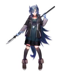 Rule 34 | 1girl, animal ears, arknights, black thighhighs, blue eyes, blue gloves, blue hair, blush, boots, brown footwear, closed mouth, collarbone, fang (arknights), full body, gloves, holding, holding weapon, id card, long hair, looking at viewer, official art, over-kneehighs, smile, solo, tail, thighhighs, transparent background, very long hair, weapon, xiayehongming