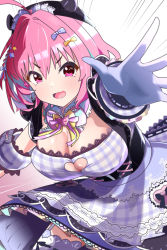 Rule 34 | 1girl, ahoge, black headwear, blue hair, bow, braid, breasts, cleavage, cleavage cutout, clothing cutout, covered erect nipples, dress, emphasis lines, fang, foreshortening, garter straps, gloves, gradient background, hair between eyes, hair bow, hair intakes, hair ornament, hat, heart, heart cutout, idolmaster, idolmaster cinderella girls, idolmaster cinderella girls starlight stage, large breasts, leaning forward, looking at viewer, mitche, multicolored hair, official alternate costume, open mouth, outstretched arms, petticoat, pink background, pink eyes, pink hair, pink ribbon, plaid, plaid dress, purple dress, reaching, reaching towards viewer, ribbon, single braid, skin fang, skindentation, star (symbol), star hair ornament, thighhighs, two-tone hair, v-shaped eyebrows, white background, yellow bow, yellow ribbon, yumemi riamu