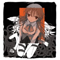 Rule 34 | 1girl, ahoge, angel wings, asymmetrical wings, black skirt, border, bow, bowtie, braid, brown bow, brown bowtie, brown eyes, brown hair, closed mouth, collared shirt, empty eyes, expressionless, from above, highres, limited palette, long hair, looking at viewer, looking up, mismatched wings, noroi (rnatataki), orange background, pantyhose, partially colored, plant wings, pleated skirt, sayonara wo oshiete, shirt, shoes, side braids, sitting, skirt, solo, sugamo mutsuki, tentacles, uwabaki, wariza, wings