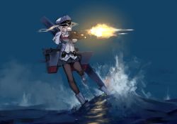 Rule 34 | 10s, 1girl, aiming, black gloves, blonde hair, blue eyes, capelet, firing, floating hair, fujibejifu, gloves, graf zeppelin (kancolle), gun, hair between eyes, hat, holding, holding weapon, kantai collection, leg up, machinery, military, military uniform, miniskirt, necktie, ocean, outdoors, pantyhose, peaked cap, pleated skirt, shirt, shoes, sidelocks, skirt, solo, standing, standing on liquid, standing on one leg, turret, twintails, uniform, water, waves, weapon