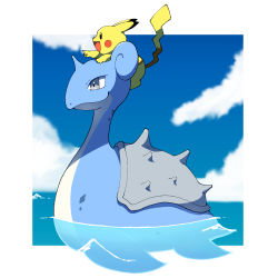 Rule 34 | absurdres, afloat, border, closed mouth, cloud, commentary request, creatures (company), day, from side, game freak, gen 1 pokemon, grey eyes, highres, lapras, nintendo, no humans, on head, outdoors, outside border, pikachu, pokemon, pokemon (creature), pokemon on head, sasaki sue, sky, smile, water, white border