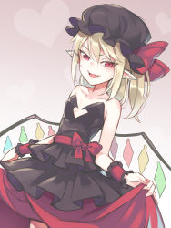 Rule 34 | 1girl, :d, alternate costume, asutora, bare arms, bare shoulders, black hat, blonde hair, blush, bow, breasts, collarbone, commentary, cowboy shot, fangs, flandre scarlet, gradient background, grey background, hair between eyes, hat, hat bow, heart, long hair, looking at viewer, mob cap, nail polish, open mouth, pointy ears, red bow, red eyes, red nails, red sash, red skirt, sash, sidelocks, skirt, small breasts, smile, solo, standing, strapless, touhou, tsurime, white background, wrist cuffs