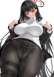 Rule 34 | 1girl, black hair, black jacket, blue archive, breasts, brown pantyhose, cle masahiro, halo, highres, jacket, large breasts, long hair, long sleeves, looking at viewer, off shoulder, open clothes, open jacket, panties, panties under pantyhose, pantyhose, red eyes, rio (blue archive), solo, sweater, thighs, turtleneck, turtleneck sweater, underwear, white sweater