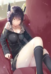 Rule 34 | 10s, 1girl, artist name, blush, breasts, clothes pull, couch, dress, eyepatch, hair ornament, headgear, hews, kantai collection, looking at viewer, lying, no eyepatch, on back, open clothes, open shirt, pinafore dress, purple hair, school uniform, shirt, short hair, skirt, sleeveless dress, socks, solo, sweat, sweater, sweater pull, tears, tenryuu (kancolle), yellow eyes