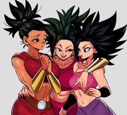 Rule 34 | 3girls, black eyes, black hair, breasts, caulifla, commentary, dragon ball, dragon ball super, earrings, jewelry, kale (dragon ball), kefla (dragon ball), midriff, multiple girls, muscular, muscular male, nanika (nnkgh), open mouth, potara earrings, saiyan, short hair, simple background, smile, spiked hair, symbol-only commentary
