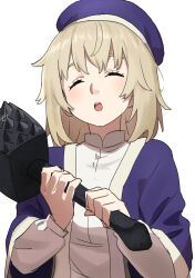 Rule 34 | 1girl, beret, blonde hair, blush, closed eyes, dungeon meshi, falin touden, gazacy (dai), hat, highres, holding, jacket, long hair, long sleeves, mallet, open mouth, solo, upper body
