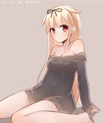 Rule 34 | 10s, 1girl, 2015, :o, bare shoulders, blonde hair, breasts, character name, cleavage, collarbone, dated, hair flaps, hair ribbon, highres, hoshimiya aki, january, kantai collection, long hair, long sleeves, looking at viewer, off-shoulder, off-shoulder sweater, off shoulder, parted lips, red eyes, ribbed sweater, ribbon, sleeves past wrists, solo, sweater, twitter username, yuudachi (kancolle), yuudachi kai ni (kancolle)