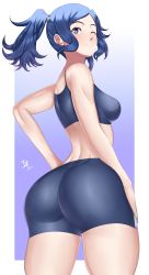 Rule 34 | 1girl, absurdres, arcedo, ass, bare shoulders, blue eyes, blue hair, blush, breasts, cynthia (fire emblem), fire emblem, from behind, highres, long hair, looking at viewer, looking back, medium breasts, nintendo, one eye closed, ponytail, shiny clothes, shiny skin, short shorts, shorts, sideboob, smile, solo, sports bra
