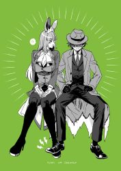 Rule 34 | 2girls, anger vein, animal ears, blush stickers, closed eyes, collared shirt, facing another, fate/grand order, fate (series), fedora, gloves, green background, hat, highres, invisible chair, long hair, long sleeves, looking at viewer, multiple girls, necktie, open mouth, rabbit ears, riyo servant (babydoll) (fate), riyo servant (bunnygirl) (fate), romaji text, shaded face, shirt, sitting, smile, spoken anger vein, thighhighs, torn clothes, translation request, yukataro