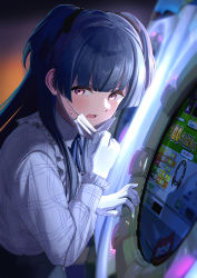 Rule 34 | 1girl, absurdres, arcade, black hair, black skirt, blunt bangs, blush, commentary request, gloves, hair ribbon, highres, idolmaster, idolmaster shiny colors, long hair, long sleeves, looking at viewer, maimai (game), mask, mask pull, mayuzumi fuyuko, mouth mask, neck ribbon, pink eyes, plaid, plaid shirt, playing games, ribbon, shirt, skirt, solo, surgical mask, tera2001, two side up, white gloves