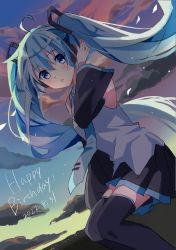 Rule 34 | 1girl, :o, absurdres, ahoge, black skirt, black sleeves, black thighhighs, blue eyes, blue hair, blue necktie, blush, cloud, collared shirt, commentary request, dated, detached sleeves, feet out of frame, grey shirt, hair between eyes, hand up, happy birthday, hatsune miku, headphones, highres, long hair, long sleeves, looking at viewer, necktie, outdoors, parted lips, pleated skirt, shirt, sitting, skirt, sleeveless, sleeveless shirt, solo, sunset, thighhighs, tie clip, twintails, very long hair, vocaloid, wide sleeves, yuruno