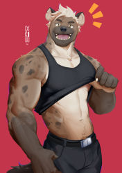 Rule 34 | 1boy, abs, bara, bare arms, bare shoulders, black pants, black tank top, brown fur, bulge, clothes lift, cowboy shot, fangs, furry, furry male, highres, kou (ixkouu), large pectorals, lifted by self, looking at viewer, male focus, muscular, muscular male, navel, navel hair, nipples, open mouth, original, panther boy, panther ears, panther tail, pants, pectoral cleavage, pectorals, shirt lift, short hair, sidepec, smile, solo, stomach, tank top, thick thighs, thighs