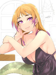 Rule 34 | 1girl, african rock python (kemono friends), alternate costume, bare arms, bare shoulders, black dress, blonde hair, breasts, collarbone, commentary, dated, dress, elbow rest, happa (cloverppd), highres, indoors, kemono friends, large breasts, long hair, looking at viewer, multicolored hair, purple eyes, purple hair, signature, sleeveless, sleeveless dress, snake tail, solo, spaghetti strap, tail, two-tone hair, upper body, window