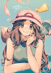 Rule 34 | 1girl, 2024, absurdres, artist name, asatte 3z, bare arms, bare shoulders, breasts, brown eyes, brown hair, closed mouth, creatures (company), dated, eevee, game freak, gen 1 pokemon, hand up, hat, highres, leaf (pokemon), legendary pokemon, long hair, looking at viewer, medium breasts, mew (pokemon), mythical pokemon, nintendo, outline, parted bangs, pikachu, pokemon, pokemon (creature), pokemon frlg, porkpie hat, smile, split mouth, striped background, white hat, white outline