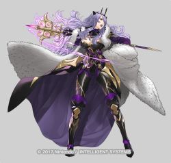 Rule 34 | 1girl, armored boots, boots, breasts, camilla (fire emblem), cape, cleavage, copyright name, dress, fire emblem, fire emblem fates, fire emblem heroes, full body, fur trim, gloves, grey background, hair over one eye, kozaki yuusuke, large breasts, long hair, nintendo, official art, open mouth, purple hair, red eyes, solo, staff, teeth, tiara