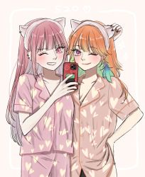 Rule 34 | alternate costume, breasts, cellphone, earrings, feather earrings, feathers, gradient hair, highres, holding, holding phone, hololive, hololive english, jewelry, mori calliope, multicolored hair, orange hair, outstretched arm, pajamas, phone, pink hair, pink pajamas, sein 025, selfie, sleepwear, smartphone, smile, takanashi kiara, taking picture, virtual youtuber, yuri