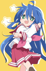 Rule 34 | 1girl, :3, ahoge, blue hair, blush stickers, bright pupils, brown legwear, commentary, feet out of frame, green eyes, hair between eyes, ixy, izumi konata, jitome, long hair, looking at viewer, lucky star, midriff peek, mole, mole under eye, open mouth, pleated skirt, red skirt, ryouou school uniform, school uniform, serafuku, skirt, smile, solo, star (symbol), very long hair, white pupils, yellow background
