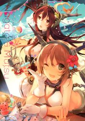 Rule 34 | 2girls, ;d, ball, beach, beachball, bird, breasts, brown eyes, brown hair, cleavage, day, fingerless gloves, flower, food, gloves, hair flower, hair ornament, ice cream, kantai collection, kirero, large breasts, long hair, multiple girls, mutsu (kancolle), nagato (kancolle), one eye closed, open mouth, rensouhou-chan, short hair, smile, sweat, white gloves