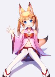 Rule 34 | 1girl, animal ear fluff, animal ears, bad id, bad pixiv id, bare shoulders, bell, black footwear, blonde hair, blue eyes, blush, bow, collarbone, commentary request, detached sleeves, fox ears, fox girl, fox tail, grey background, hair bell, hair ornament, highres, jingle bell, kemomimi oukoku kokuei housou, knees together feet apart, long hair, long sleeves, looking at viewer, mikoko (kemomimi oukoku kokuei housou), momoshiki tsubaki, navel, panties, parted lips, pleated skirt, red bow, red skirt, ribbon-trimmed legwear, ribbon trim, sandals, sitting, skirt, solo, tabi, tail, thighhighs, twintails, underwear, virtual youtuber, white panties, white thighhighs, wide sleeves, zouri