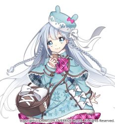 Rule 34 | 1girl, bag, blue capelet, blue dress, blue eyes, blue hair, bow, bowtie, braid, capelet, closed mouth, copyright request, dress, food, hat, holding, holding food, long hair, long sleeves, looking at viewer, pink bow, pink bowtie, samei ikusa, shoulder bag, simple background, smile, solo, standing, upper body, very long hair, watermark, white background