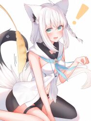 Rule 34 | !, 1girl, absurdres, ahoge, akaboshi natsume, animal ear fluff, animal ears, bare arms, black shorts, black thighhighs, blue neckerchief, blush, braid, breasts, cat teaser, commentary request, earrings, fang, fox ears, fox girl, fox tail, green eyes, hair between eyes, highres, hololive, hood, hoodie, jewelry, long hair, looking at viewer, midriff, navel, neckerchief, open mouth, paw pose, pentagram, shirakami fubuki, shirakami fubuki (1st costume), short shorts, shorts, sidelocks, simple background, single braid, single thighhigh, sitting, skin fang, small breasts, solo, tail, thigh strap, thighhighs, virtual youtuber, wariza, white background, white hair, white hoodie