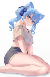 Rule 34 | 1girl, absurdres, animal ear fluff, animal ears, aoi zerii, barefoot, blue eyes, blue hair, blue ribbon, blush, breasts, cat ears, cat girl, collarbone, hair between eyes, hair ribbon, highres, hololive, hoshimachi suisei, looking at viewer, medium hair, pout, ribbon, solo, star (symbol), star in eye, symbol in eye, thighs, virtual youtuber