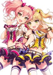 Rule 34 | 2girls, :d, belt, belt buckle, black skirt, blonde hair, blush, breasts, buckle, cleavage, commentary request, cropped jacket, fingernails, green eyes, hair between eyes, hand up, highres, idolmaster, idolmaster cinderella girls, jacket, jougasaki mika, jougasaki rika, large breasts, long hair, midriff, morikura en, multiple girls, nail polish, navel, open clothes, open jacket, open mouth, pink hair, pink nails, pink shirt, pleated skirt, shirt, siblings, simple background, sisters, skirt, small breasts, smile, thighhighs, two side up, very long hair, white background, white belt, white jacket, white legwear, wrist cuffs, yellow eyes, yellow neckwear, yellow shirt