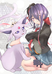 Rule 34 | 1girl, absurdres, ariake (kancolle), beret, black gloves, black headwear, brown shorts, collared shirt, commentary request, creatures (company), crossover, espeon, fingerless gloves, game freak, gen 2 pokemon, gloves, grey skirt, hair over one eye, hat, highres, hug, kantai collection, long hair, long sleeves, looking at viewer, necktie, nintendo, pleated skirt, pokemon, pokemon (creature), purple eyes, purple hair, red neckwear, shirt, shorts, skirt, yukinko pastel, zoom layer