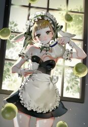 Rule 34 | 1girl, animal ears, apple, apron, backlighting, blonde hair, blush, bob cut, choker, copyright request, cowboy shot, cup, detached sleeves, dress, dutch angle, fake animal ears, food, frilled apron, frilled choker, frills, fruit, green apple, green hair, highres, holding, holding plate, holding teapot, maid, maid apron, maid headdress, plate, pouring, rabbit ears, ribbon, short hair, smile, sottan (wowo0owow), strapless, strapless dress, teacup, teapot, tree, window