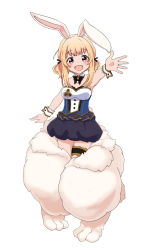 Rule 34 | 1girl, :d, animal ears, bad proportions, bare shoulders, battle girl high school, blonde hair, blush, detached collar, full body, fusion, hair tie, highres, lee xianshang, looking at viewer, medium hair, monster girl encyclopedia, monsterification, open mouth, outstretched hand, rabbit ears, rabbit girl, red eyes, simple background, smile, solo, standing, thigh strap, watagi michelle, wererabbit (monster girl encyclopedia), white background, wrist cuffs