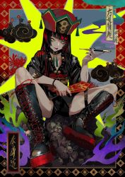 Rule 34 | 1girl, black choker, black footwear, black hair, black nails, boots, border, bracelet, chinese clothes, choker, closed mouth, cross-laced footwear, full body, highres, holding, holding smoking pipe, jewelry, kiseru, knee boots, lace-up boots, lam (ramdayo), long hair, nail polish, original, sitting, skull, smile, smoking pipe, solo, tongue, tongue out, yellow eyes