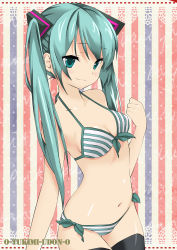 Rule 34 | 1girl, absurdres, bad id, bad pixiv id, bikini, green eyes, green hair, hatsune miku, highres, long hair, matching hair/eyes, navel, negio, solo, striped background, striped bikini, striped clothes, swimsuit, thighhighs, twintails, vertical stripes, vocaloid