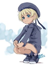 Rule 34 | 10s, 1girl, 2015, 4suke, artist name, blonde hair, blue eyes, blush, clothes writing, dated, full body, hat, interlocked fingers, kantai collection, long sleeves, sailor collar, sailor hat, shoes, short hair, smile, solo, squatting, z1 leberecht maass (kancolle)