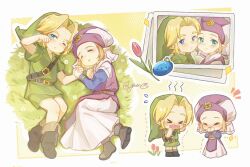 Rule 34 | &gt; &lt;, 1boy, 1girl, aqua eyes, blonde hair, blue eyes, blush, boots, chibi, child, commentary, covering own mouth, dress, flying sweatdrops, grass, green shorts, hat, highres, link, long dress, lying, nintendo, on side, photo (object), princess zelda, shorts, signature, sleeping, the legend of zelda, the legend of zelda: ocarina of time, trembling, waking up, young link, young zelda, yun (dl2n5c7kbh8ihcx)
