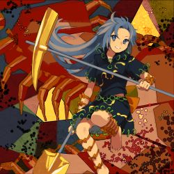 Rule 34 | 1girl, barefoot, bug, camouflage, camouflage skirt, centipede, grey hair, himemushi momoyo, holding, holding pickaxe, holding shovel, kaigen 1025, long hair, looking at viewer, mullet, pickaxe, shovel, skirt, smile, solo, tools, touhou