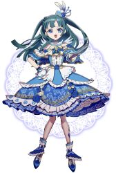 Rule 34 | 1girl, :d, blue dress, blue eyes, blue footwear, blue hat, blunt bangs, blunt ends, center frills, commentary request, dress, edamame (buruburu), floral print, flower, folding fan, frilled dress, frills, full body, green hair, hand fan, hand on own hip, hat, hat feather, hat flower, highres, holding, holding fan, idol clothes, leg tattoo, long hair, looking at viewer, mini hat, open mouth, pretty series, pripara, shoes, smile, solo, standing, star (symbol), tattoo, tsukikawa chili, two side up, white background, wrist cuffs