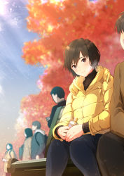 Rule 34 | 1girl, absurdres, amagami, autumn leaves, bad id, bad pixiv id, bench, black hair, black pants, black sweater, blurry, blurry background, blush, bottle, breath, brown eyes, commentary, crowd, down jacket, highres, holding, holding bottle, jacket, leaf, light smile, maple leaf, nanasaki ai, nozomi 0509, pants, park bench, ribbed sweater, short hair, sitting, solo focus, sweater, tree, turtleneck, turtleneck sweater, yellow jacket