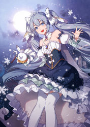 Rule 34 | 1girl, animal, bare shoulders, beamed eighth notes, blue eyes, blue hair, blue skirt, bow, center frills, cloud, collar, collarbone, commentary request, crown, detached collar, detached sleeves, eighth note, fen renlei, frills, full moon, hair between eyes, hatsune miku, juliet sleeves, leaning to the side, long hair, long sleeves, mini crown, moon, musical note, night, night sky, puffy sleeves, rabbit, shirt, skirt, sky, snowflakes, strapless, thighhighs, tiara, twintails, very long hair, vocaloid, white bow, white collar, white shirt, white thighhighs, yuki miku, yukine (vocaloid)