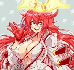 Rule 34 | 1girl, bodysuit, breasts, broken halo, cleavage, guilty gear, guilty gear strive, halo, highres, jack-o&#039; valentine, large breasts, lewdamone, open clothes, red hair, solo