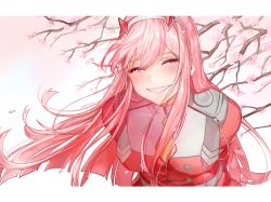 Rule 34 | 10s, 1girl, artist name, breasts, cherry, cherry blossoms, commentary, darling in the franxx, closed eyes, fang, floral background, food, fruit, hairband, highres, horns, long hair, orange neckwear, oretsuu, pink background, pink hair, pink theme, red horns, smile, solo, uniform, white hairband, zero two (darling in the franxx)
