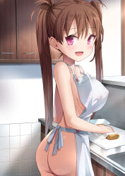 Rule 34 | 1girl, absurdres, apron, ass, breasts, brown hair, cooking, from behind, highres, indoors, kitchen, large breasts, long hair, looking at viewer, looking back, naked apron, natsushima memo, open mouth, original, red eyes, smile, solo, twintails, white apron