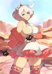Rule 34 | 1girl, ahoge, blue eyes, blush, breasts, dress, elphelt valentine, frilled dress, frills, gloves, guilty gear, guilty gear strive, hairband, highres, huge ahoge, jacket, large breasts, leather, leather jacket, open mouth, pink hair, short hair, smile, solo, spiked hairband, spikes, squeezable (squeezabledraws), thick thighs, thighhighs, thighs, white hair