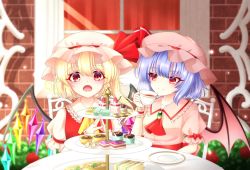 Rule 34 | 2girls, ascot, bat wings, blonde hair, blouse, blue hair, blurry, blurry background, brick wall, brooch, cake, cake slice, chair, checkerboard cookie, commentary request, cookie, cup, cupcake, curtains, day, fangs, flandre scarlet, food, frilled shirt collar, frills, hair between eyes, hat, hat ribbon, highres, holding, holding cup, jewelry, light particles, looking at another, looking at viewer, macaron, mob cap, multiple girls, one side up, open mouth, outdoors, parfait, partial commentary, pink headwear, pink shirt, puffy short sleeves, puffy sleeves, quiche, red eyes, red vest, remilia scarlet, ribbon, rina sukareltuto, sandwich, sash, saucer, shirt, short hair, short sleeves, siblings, sisters, sitting, smile, steepled fingers, table, teacup, tiered tray, touhou, vest, white headwear, white shirt, window, wings, yellow ascot
