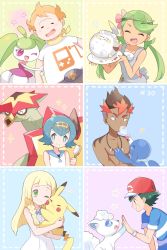 Rule 34 | 3boys, 3girls, :3, ahoge, alolan form, alolan vulpix, arm hug, arm up, ash ketchum, bad id, bad pixiv id, bare shoulders, baseball cap, black hair, blonde hair, blue eyes, blue hair, blue sailor collar, blue sclera, blue shirt, blush, blush stickers, braid, breasts, brown eyes, brown hair, bubble, cheek-to-cheek, closed eyes, closed mouth, collarbone, colored sclera, creatures (company), crumbs, dark-skinned female, dark-skinned male, dark skin, dress, drooling, episode number, flat chest, flower, food, food on face, from side, game boy, game boy (original), game freak, gameboy, gen 1 pokemon, gen 7 pokemon, green hair, green hairband, grin, hair brush, hair flower, hair ornament, hairband, half-closed eyes, hand up, handheld game console, hands up, happy, hat, heads together, heart, highres, holding, holding pokemon, hug, jpeg artifacts, kiawe (pokemon), lana (pokemon), licking lips, lillie (pokemon), long hair, looking at another, looking down, lying, mallow (pokemon), matching hair/eyes, mei (maysroom), multicolored hair, multiple boys, multiple girls, musical note, nintendo, on back, one eye closed, open mouth, orange hair, overalls, pikachu, pink flower, pink shirt, plate, pokemon, pokemon (anime), pokemon (creature), pokemon sm (anime), popplio, profile, puff of air, purple eyes, red hair, red headwear, sailor collar, saliva, shirt, short hair, short sleeves, sideways mouth, sleeveless, sleeveless dress, sleeveless shirt, small breasts, smile, sophocles (pokemon), sparkle, standing, star (symbol), steenee, strapless, strapless shirt, striped clothes, striped shirt, swept bangs, teeth, togedemaru, tongue, tongue out, topless male, trial captain, turtonator, twin braids, twintails, two-tone hair, upper body, white dress, white eyes, white shirt, yellow hairband